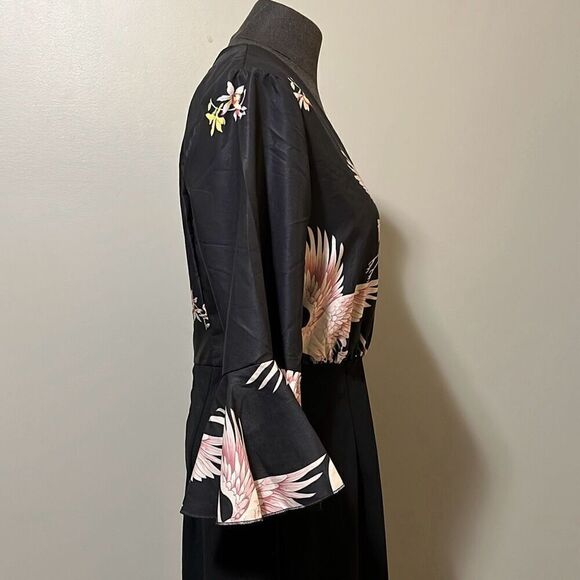 Vintage Women's Black Crane Print Bell Sleeve Jumpsuit - Picture 6 of 12
